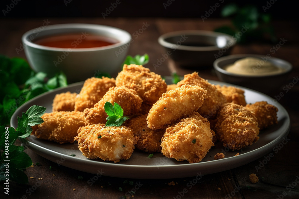 Plate of freshly cooked chicken nuggets product photography. Ai generated Plate of freshly cooked chicken nuggets product photography. Ai generated