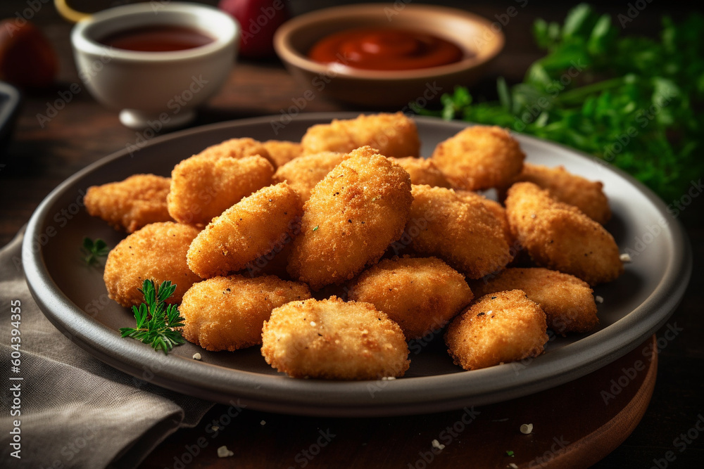 Plate of freshly cooked chicken nuggets product photography. Ai generated