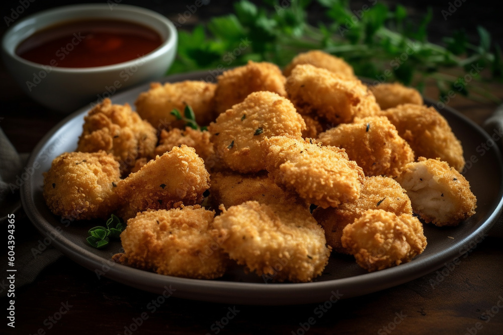 Plate of freshly cooked chicken nuggets product photography. Ai generated Plate of freshly cooked chicken nuggets product photography. Ai generated