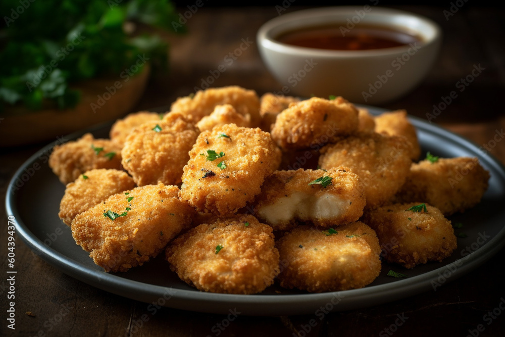 Plate of freshly cooked chicken nuggets product photography. Ai generated