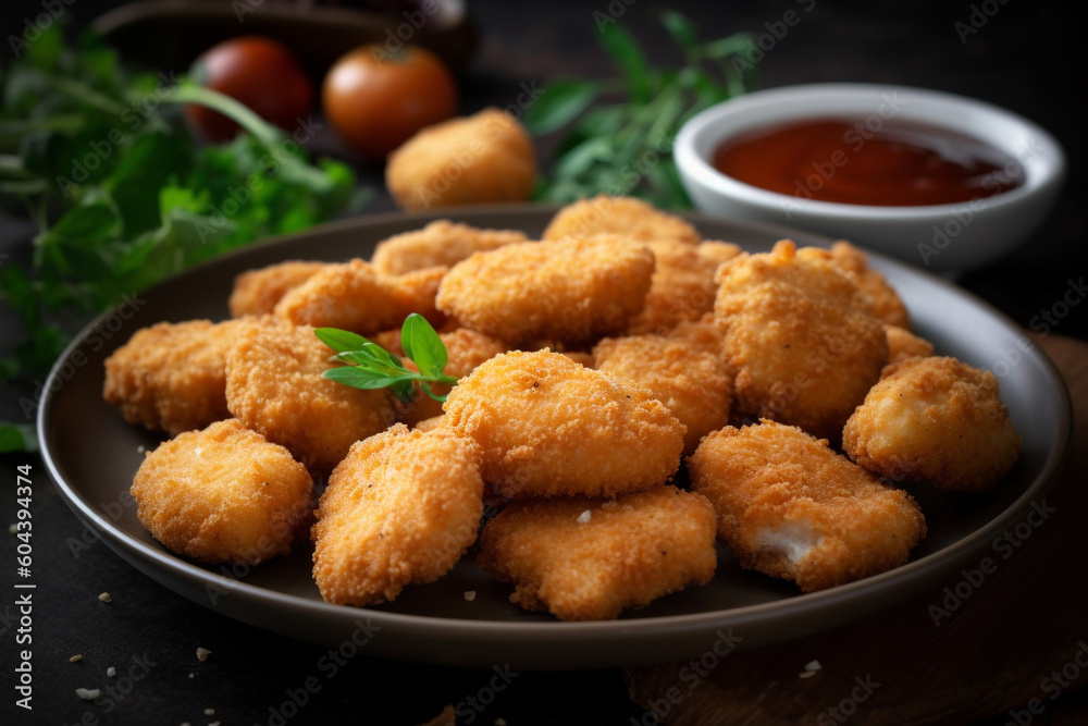 Plate of freshly cooked chicken nuggets product photography. Ai generated