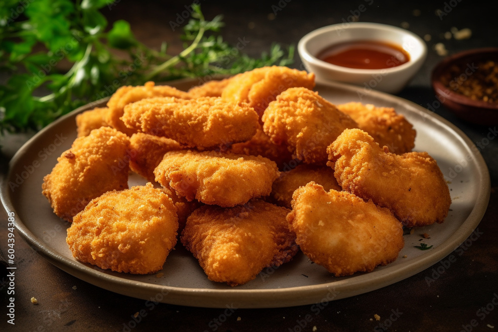 Plate of freshly cooked chicken nuggets product photography. Ai generated Plate of freshly cooked chicken nuggets product photography. Ai generated