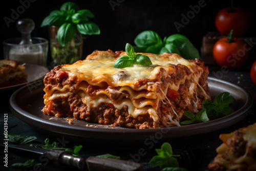 Italian lasagna product photography with natural light. Ai generated