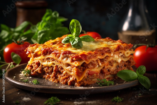 Italian lasagna product photography with natural light. Ai generated