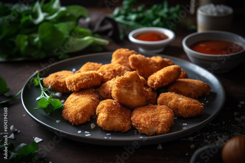 Plate of freshly cooked chicken nuggets product photography. Ai generated