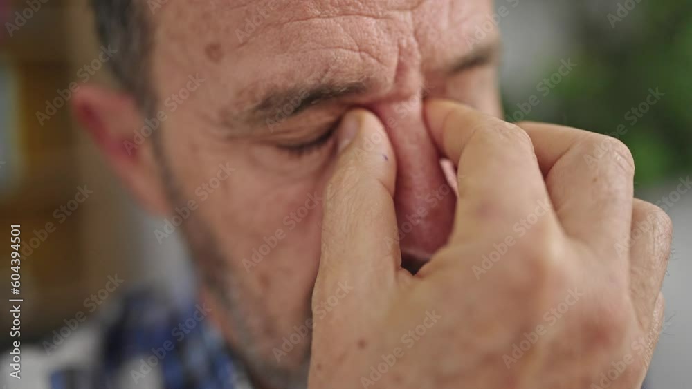 Middle age man stressed sitting on sofa at home