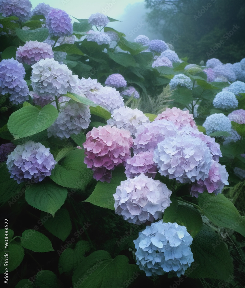 Fresh blue hydrangea flowers. AI generated image. Fresh blue hydrangea flowers. AI generated image.