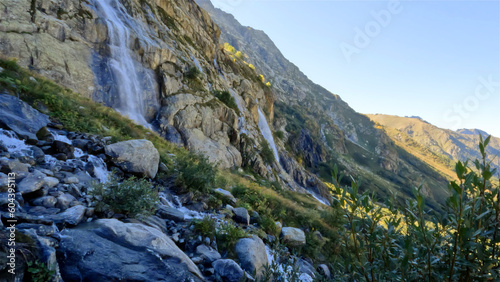 beautiful mountain ridge highland fast water fall at summertime day - photo of nature