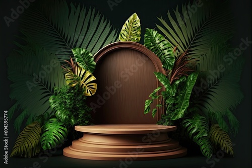 3d rendering background product podium palm leaf, background