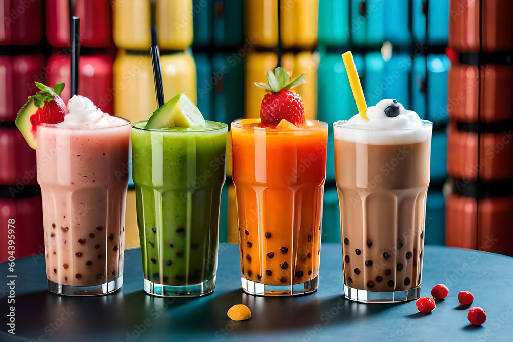 Variety of fruit cocktails, popular bubble tea, chocolate fruit flavor. Trendy Asian summer drinks - obrazy, fototapety, plakaty 