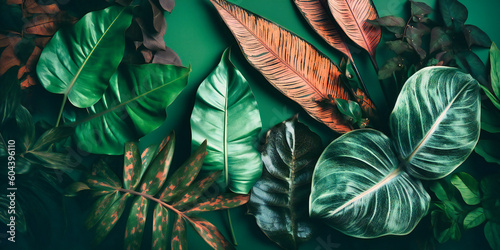 Wallpaper Mural an arrangement of tropical leaves on a green background Torontodigital.ca