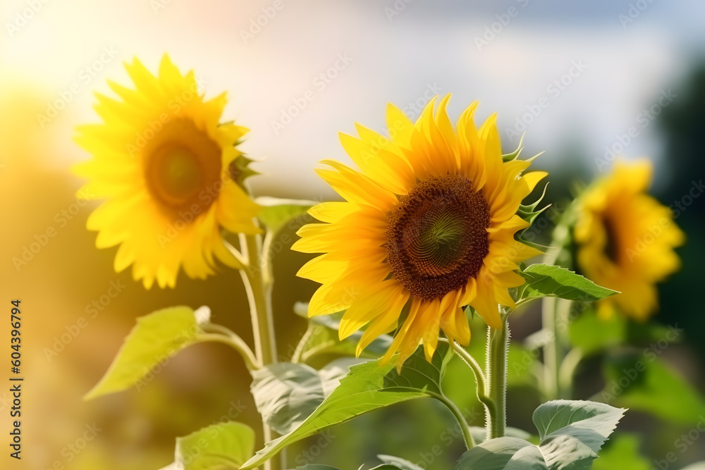 Sunset over sunflower field, Generative AI