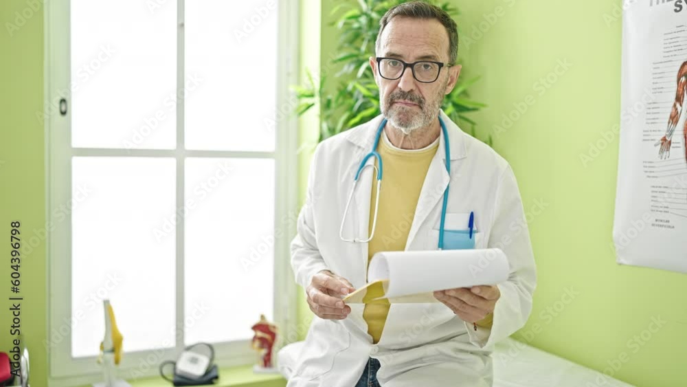 Middle age man doctor reading document on clipboard at clinic Middle age man doctor reading document on clipboard at clinic