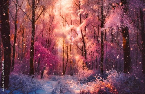 snow falls from the sky near purple trees