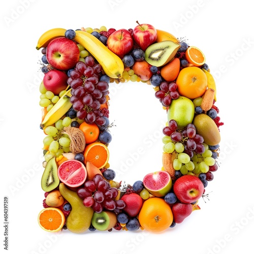 letter, alphabet, fruit, food, apple, orange, fresh, isolated, healthy, grape, banana, fruits, grapes, pineapple, diet, green, kiwi, white, ripe, red, pear, strawberry, vegetable, generative ai