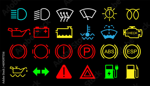 Car dashboard icon set. Vehicle service and warning symbol sign collection. Vector illustration image.