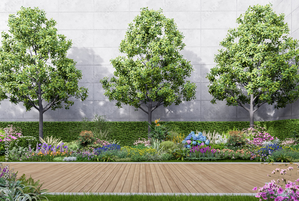 Modern contemporary style empty wooden terrace in the colorful flower garden 3d render with concrete wall background
