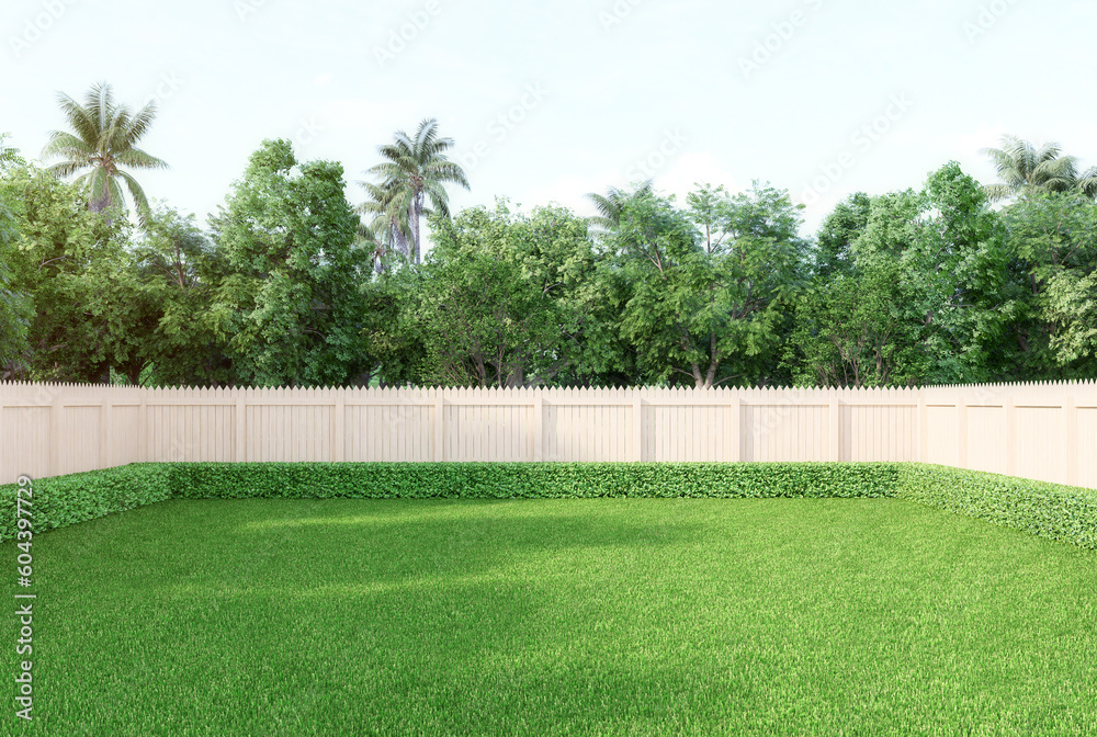Obraz premium Empty green lawn with wooden fence surrounded by nature background 3d render illustration