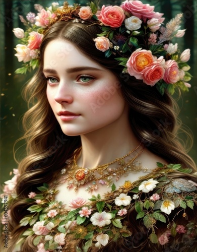 Portrait of a beautiful woman in a dress of flowers, Fictional Person created by Generative AI technology