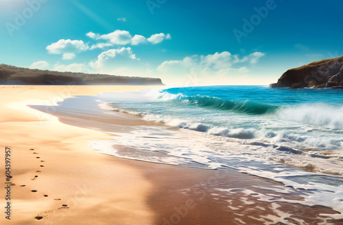 a beach with sea and sand with sky and sun