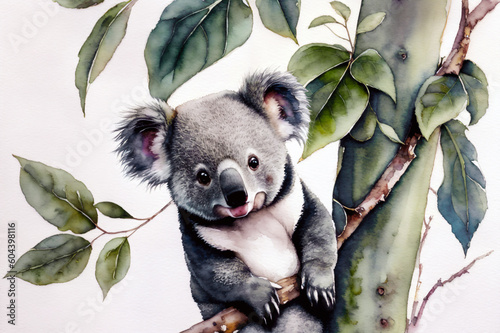 Cute single koala bear resting in the branches of a tree. Animal illustration digital painting, generative ai. photo