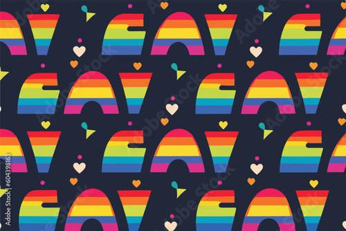 The inscription GAY on a blue background.
Vector seamless abstract pattern in rainbow colors. 
An ornament with
elements of the lgbt community.	