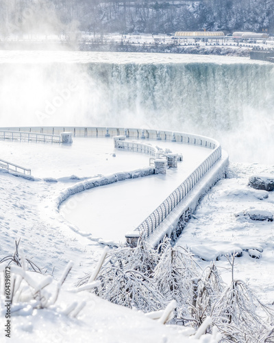 Prospect Point viewing platform deck covered in ice during a winter storm at Niagara Falls 