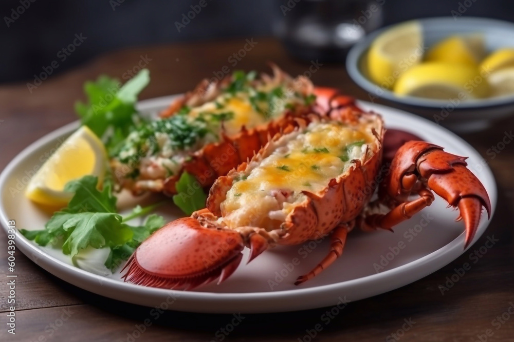 Lobster thermidor dish on a plate, restaurant serving. Generative AI. Lobster thermidor dish on a plate, restaurant serving. Generative AI.