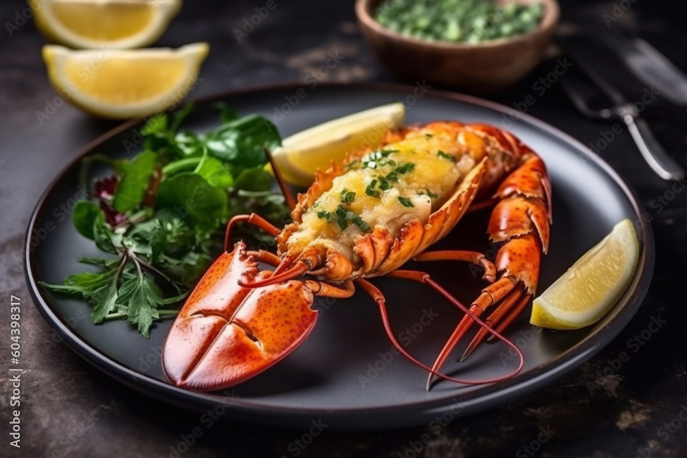 Lobster thermidor dish on a plate, restaurant serving. Generative AI. Lobster thermidor dish on a plate, restaurant serving. Generative AI.