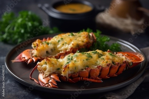 Lobster thermidor dish on a plate, restaurant serving. Generative AI.