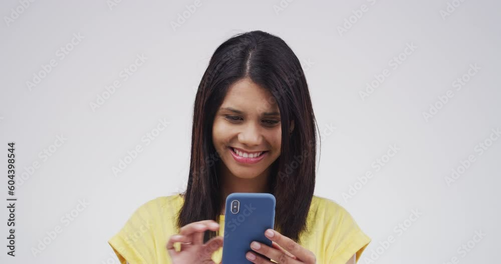 Smile, phone and woman scroll in studio isolated on a white background mockup. Cellphone, happy and female person on social media, networking or mobile website, internet app or typing email online. Smile, phone and woman scroll in studio isolated on a white background mockup. Cellphone, happy and female person on social media, networking or mobile website, internet app or typing email online.