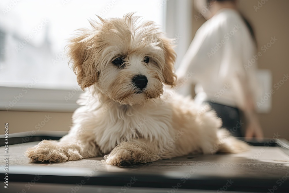 Adult small dog on examination at the veterinarian. Generative AI Adult small dog on examination at the veterinarian. Generative AI