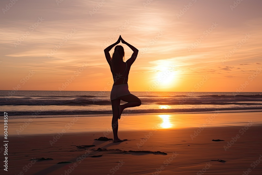 Young girl doing yoga exercises looking at the sunset over the ocean. Generative AI Young girl doing yoga exercises looking at the sunset over the ocean. Generative AI