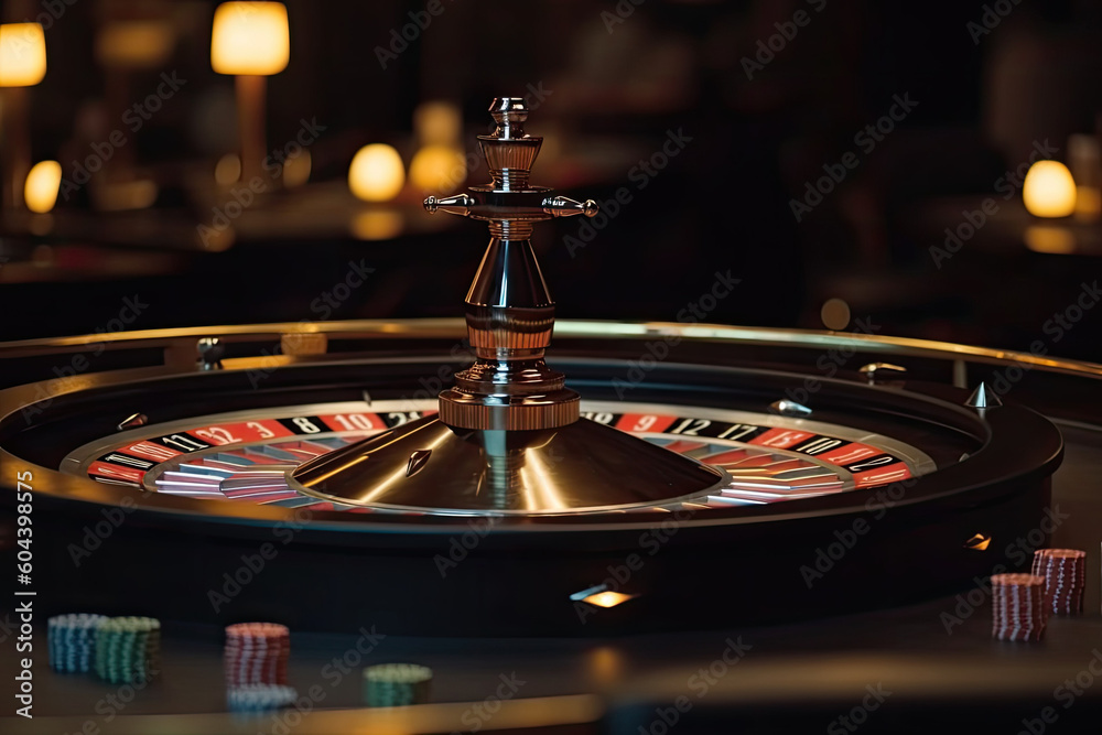 Casino theme. Gambling games. Roulette wheel and poker chips on bokeh background. Generative AI Casino theme. Gambling games. Roulette wheel and poker chips on bokeh background. Generative AI