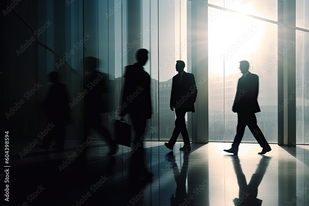 Business people go to work in lobby of the building in the rays of the sun. Generative AI Business people go to work in lobby of the building in the rays of the sun. Generative AI