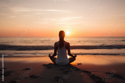 Young woman doing exercises on the sea beach during sunset. Yoga, fitness and a healthy lifestyle. Generative AI