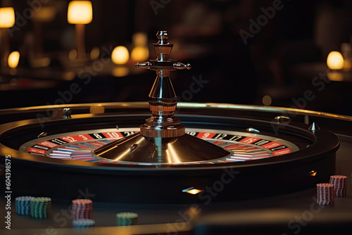 Casino theme. Gambling games. Roulette wheel and poker chips on bokeh background. Generative AI