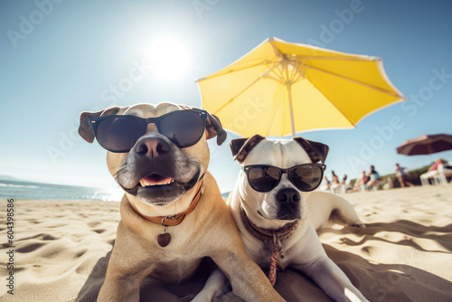 A couple of pit bull dogs in sunglasses under an umbrella lie on the beach near the ocean. Vacation and tourist season concept. Generative AI © OleksandrZastrozhnov