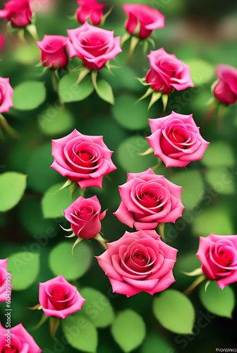 Beautiful roses with leaves in focus set against a bokeh background, rendered realistically in Pantone 2023 color palette. Generative AI Generated © Natasha Breen