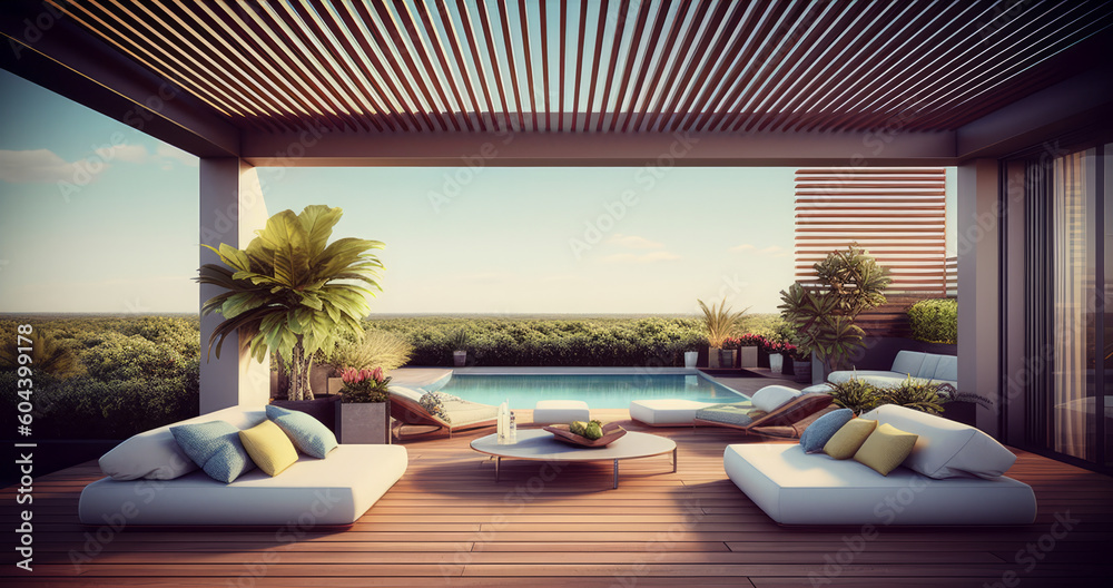 Experience Unmatched Opulence: A Tour of Miami's Stunning Luxury Penthouse Terrace with a Breathtaking Swimming Pool, Generative AI.
