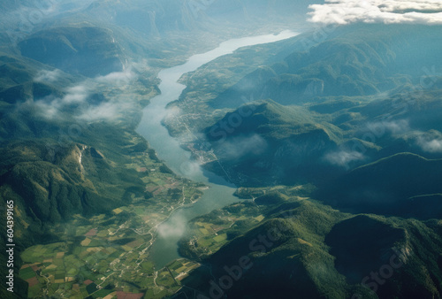 Aerial view of land and water in the valley, ai generated artwork