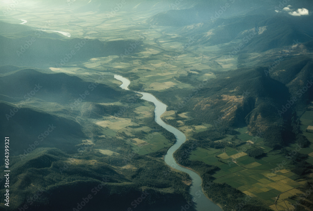 Aerial view of mountain valley and river, ai generated artwork Aerial view of mountain valley and river, ai generated artwork