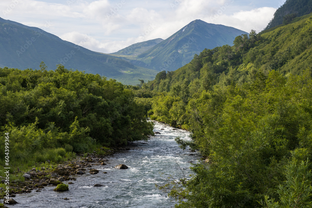 Summer mountain landscape. View of the river and mountains. Travel, tourism and hiking on the Kamchatka Peninsula. Nature of Siberia and the Russian Far East. Paratunka River, Kamchatka Krai, Russia. Summer mountain landscape. View of the river and mountains. Travel, tourism and hiking on the Kamchatka Peninsula. Nature of Siberia and the Russian Far East. Paratunka River, Kamchatka Krai, Russia.