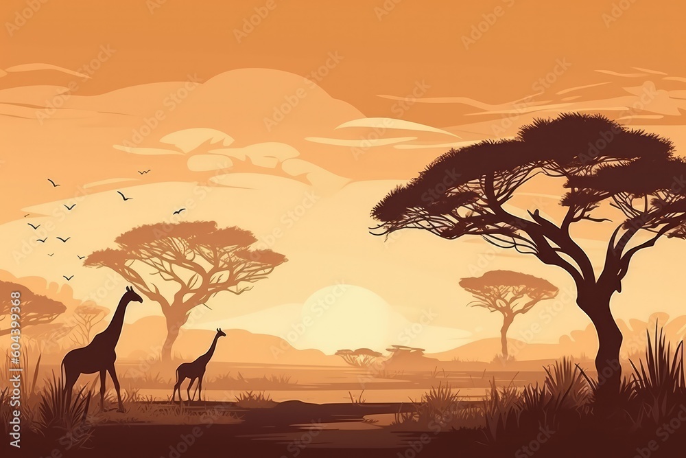 Serenity of the African Savanna: Acacia Trees and Tall Grass Landscape