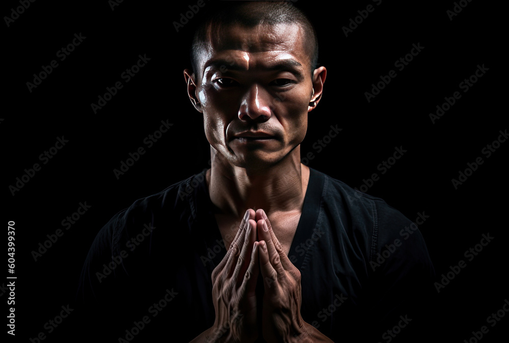Athletic man in black praying, ai generated artwork Athletic man in black praying, ai generated artwork