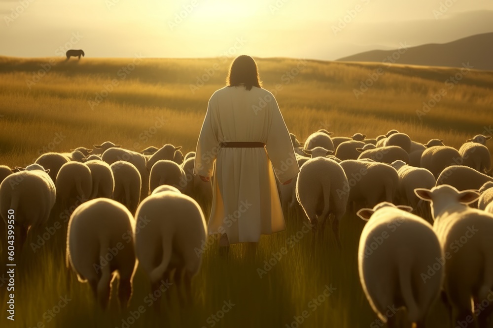 custom made wallpaper toronto digitalDivine Guidance: Shepherd Jesus Christ Leading His Flock and Praying to God in the Radiant Sunlight of the Field, Generative AI.
