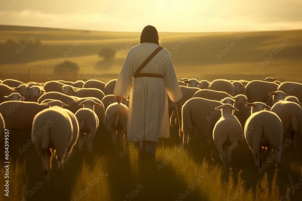 Divine Guidance: Shepherd Jesus Christ Leading His Flock and Praying to