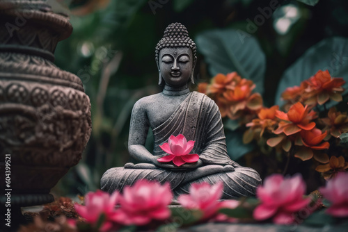 Harmony of Nature and Spirit: Buddha Statue with Beautiful Blooms