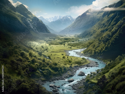 Mountain river sits in the middle of the countryside, ai generated artwork