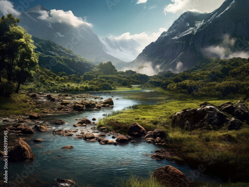 Mountain river sits in the middle of the countryside, ai generated artwork